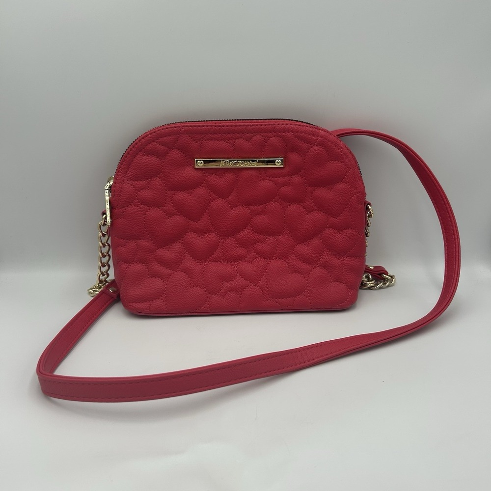 Betsey Johnson Quilted Hearts Crossbody Solid Red Shoulder Bag Purse